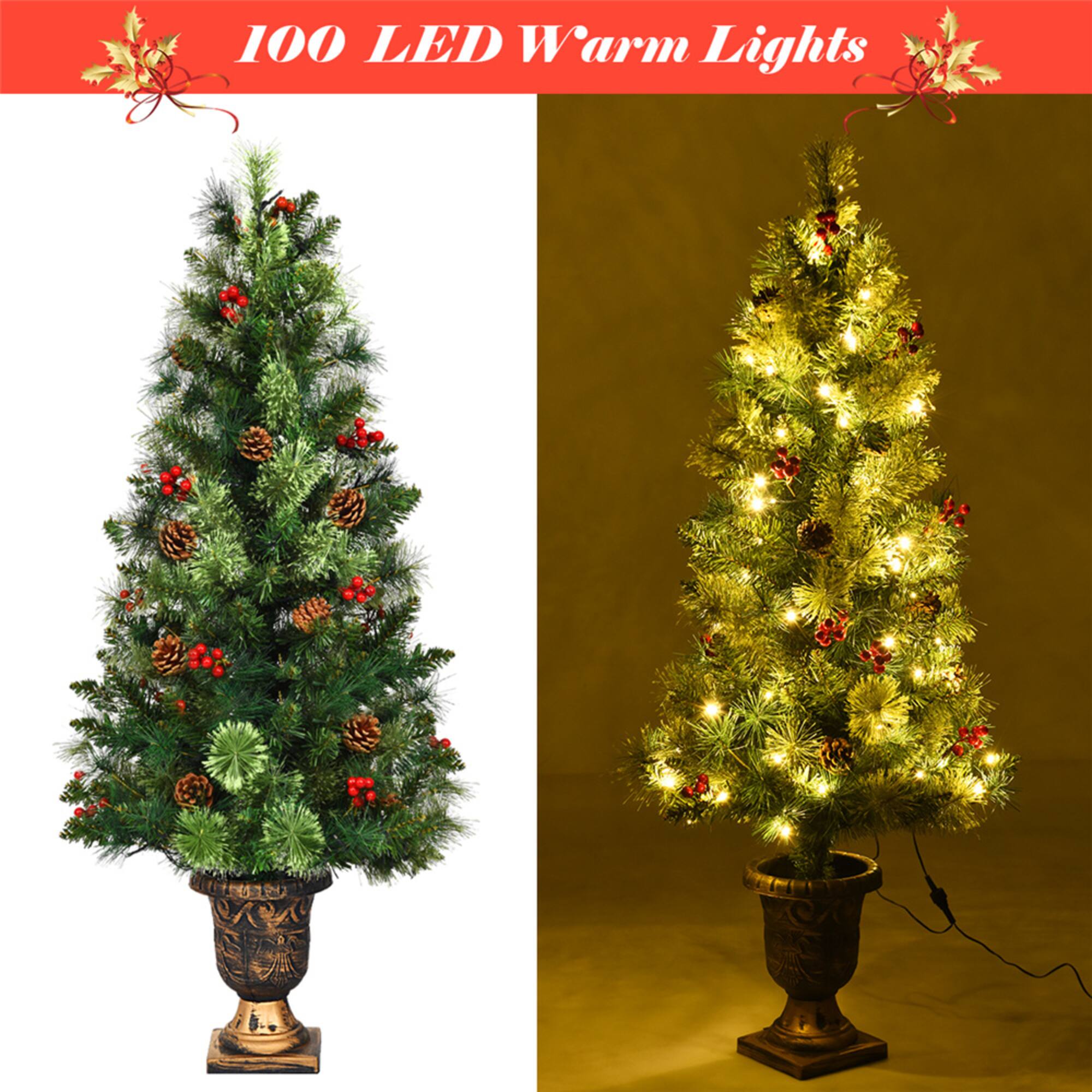 Costway 5ft Pre-Lit Entrance Fir Artificial Christmas Tree in Gold Urn Planter, Warm White LED Lights